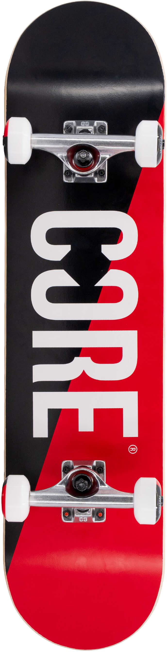 CORE C2 Red / Black Split Complete Skateboard featuring a black and red split design with white “CORE” text down the center, silver trucks, and white wheels.