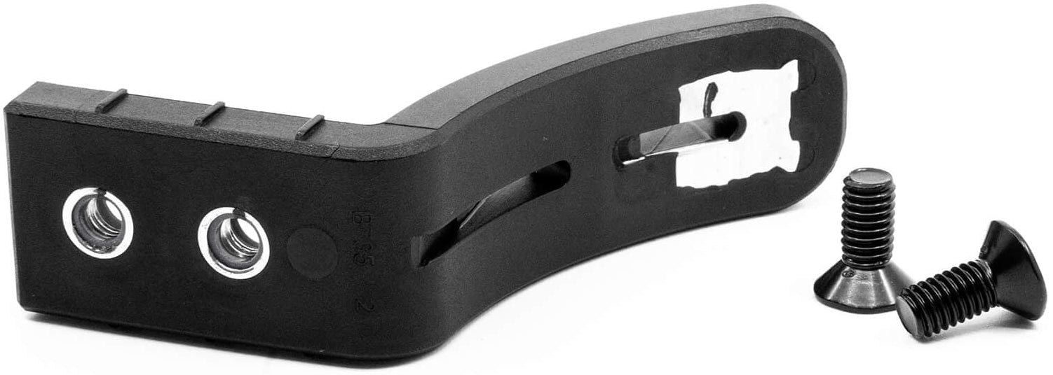 The CORE Dual Nylon Stunt Scooter Brake in black from CORE is a curved brake bracket with two screw holes, a slot, and two black screws beside it; compatible with 110mm or 120mm wheels.