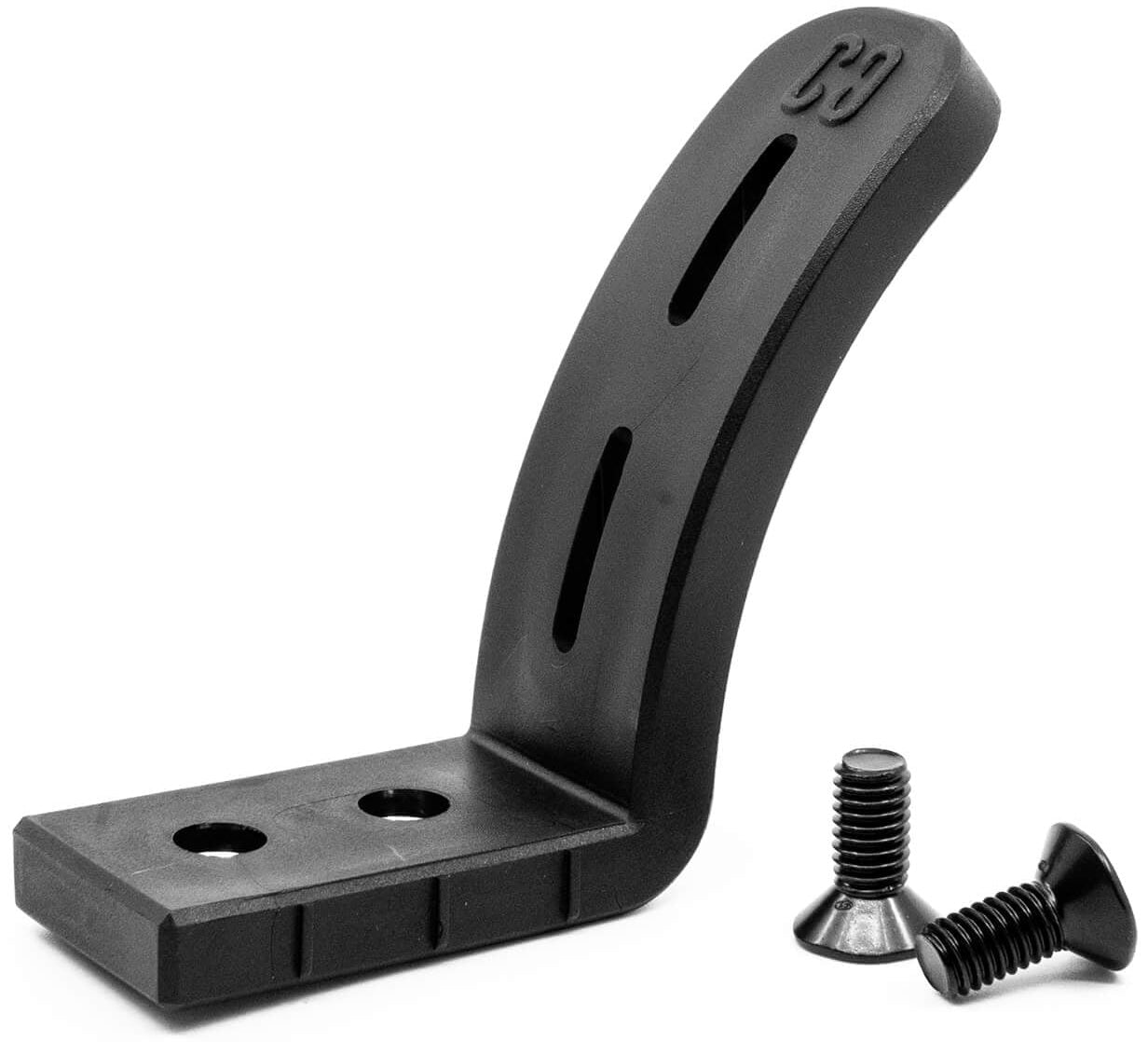 The CORE Dual Nylon Stunt Scooter Brake - Black by CORE, shown with two black screws on a white background, features a curved design with two slotted holes and fits 110mm or 120mm scooter wheels.