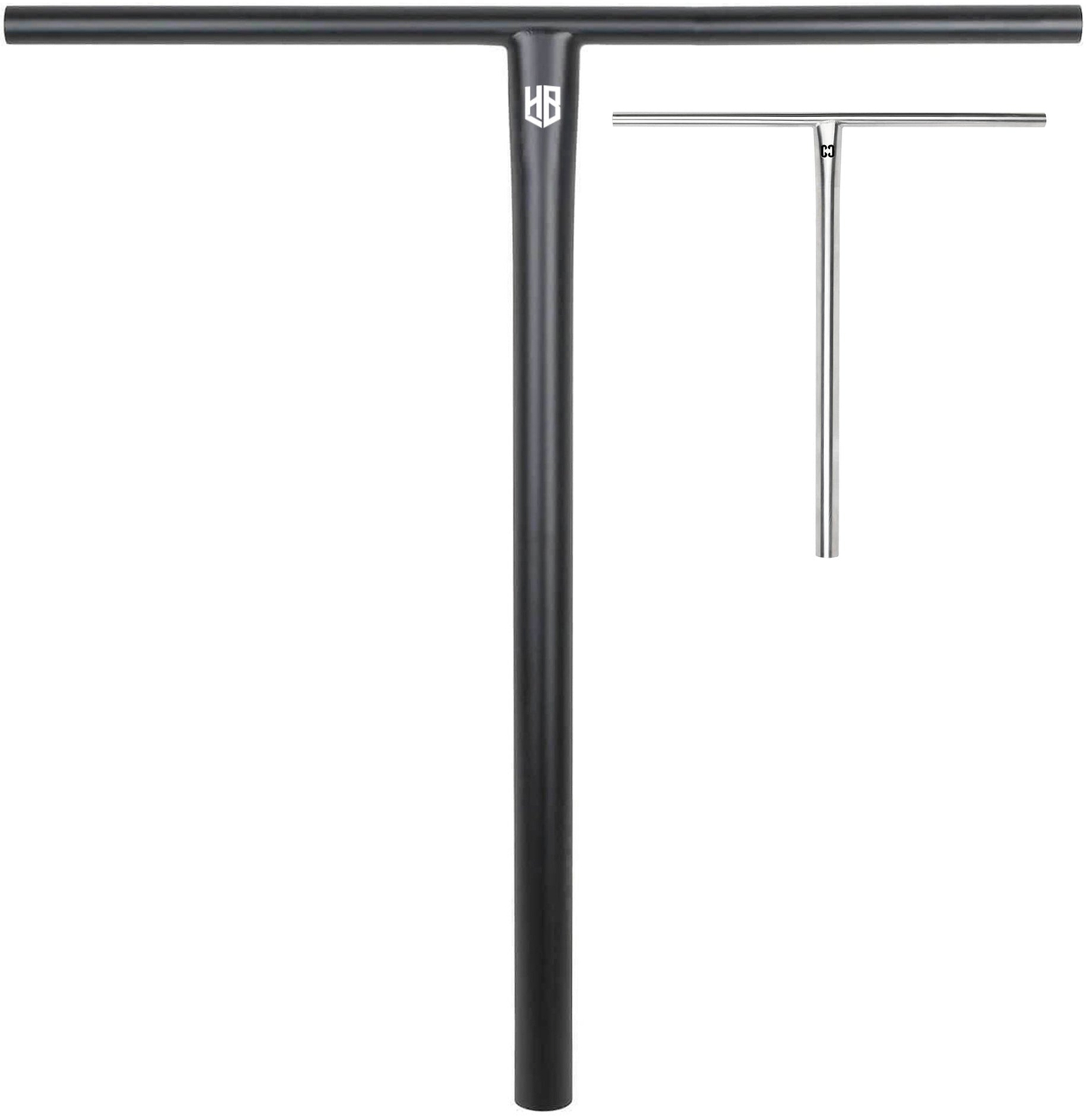 CORE Halfbarz V2 Titanium Oversized HIC Stunt Scooter T-Bars in black, shown with a smaller silver version in the background.