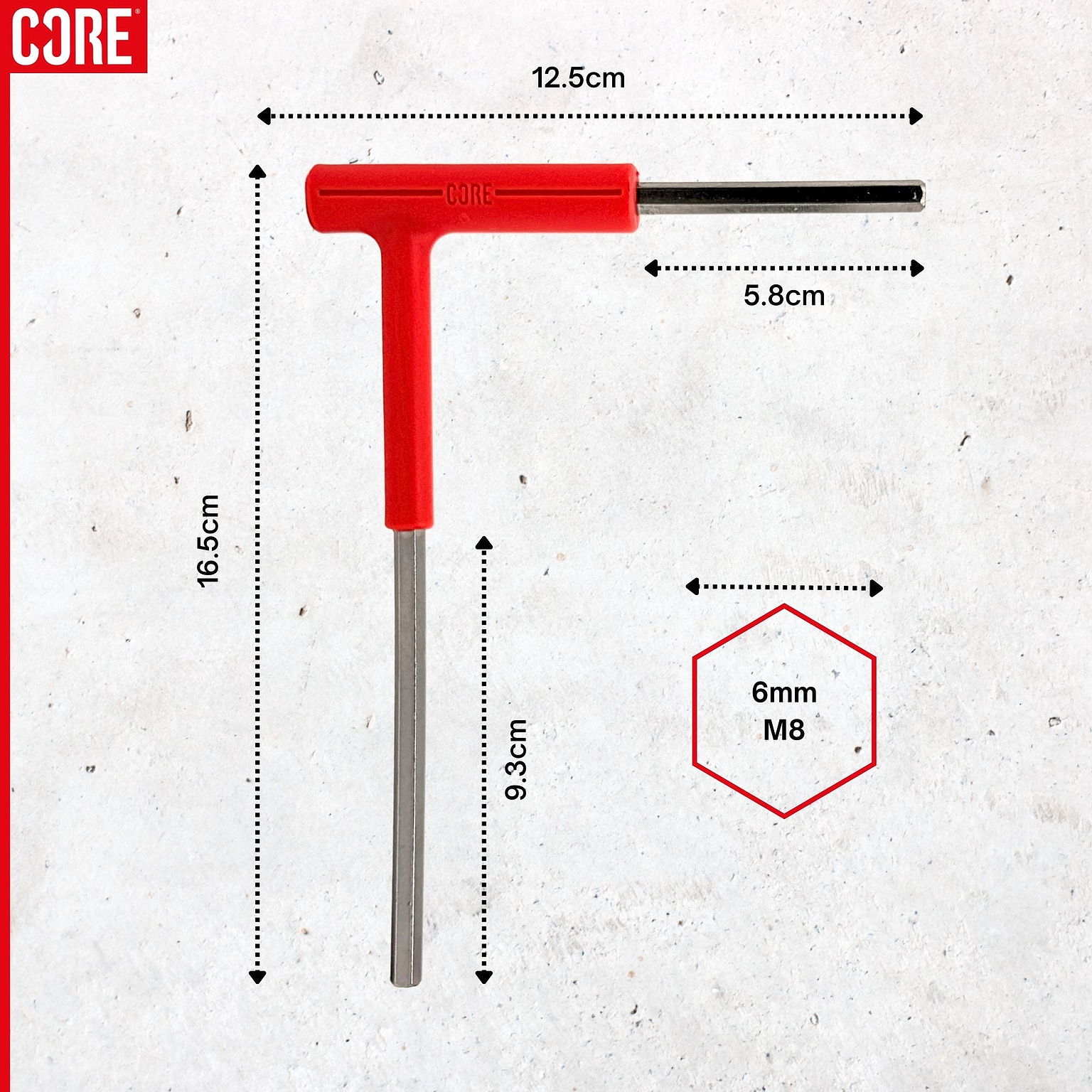 The CORE Hench Wrench 6mm Stunt Scooter Allen Key by CORE is shown in red, measuring 16.5cm long, with a 12.5cm handle width, 9.3cm vertical shaft, and 5.8cm horizontal shaft; ideal for scooter maintenance (hex size: 6mm/M8).