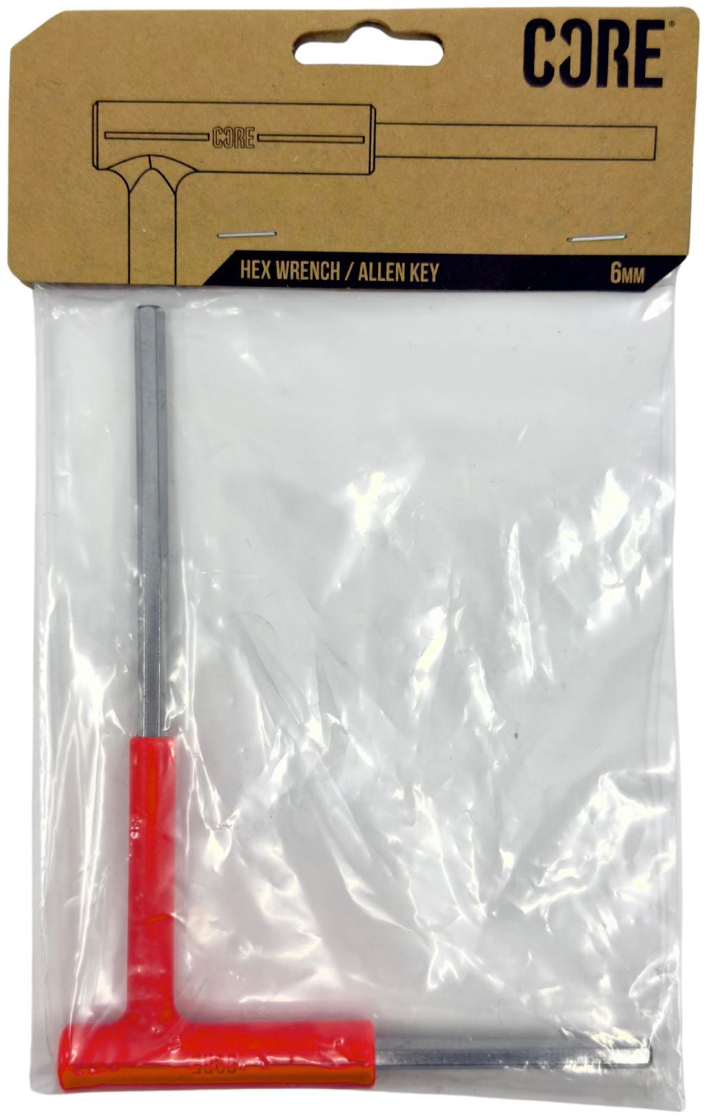 The CORE Hench Wrench 6mm Stunt Scooter Allen Key by CORE features a red plastic handle and comes packaged in a clear bag with a brown cardboard label—ideal for maintaining your stunt scooter.