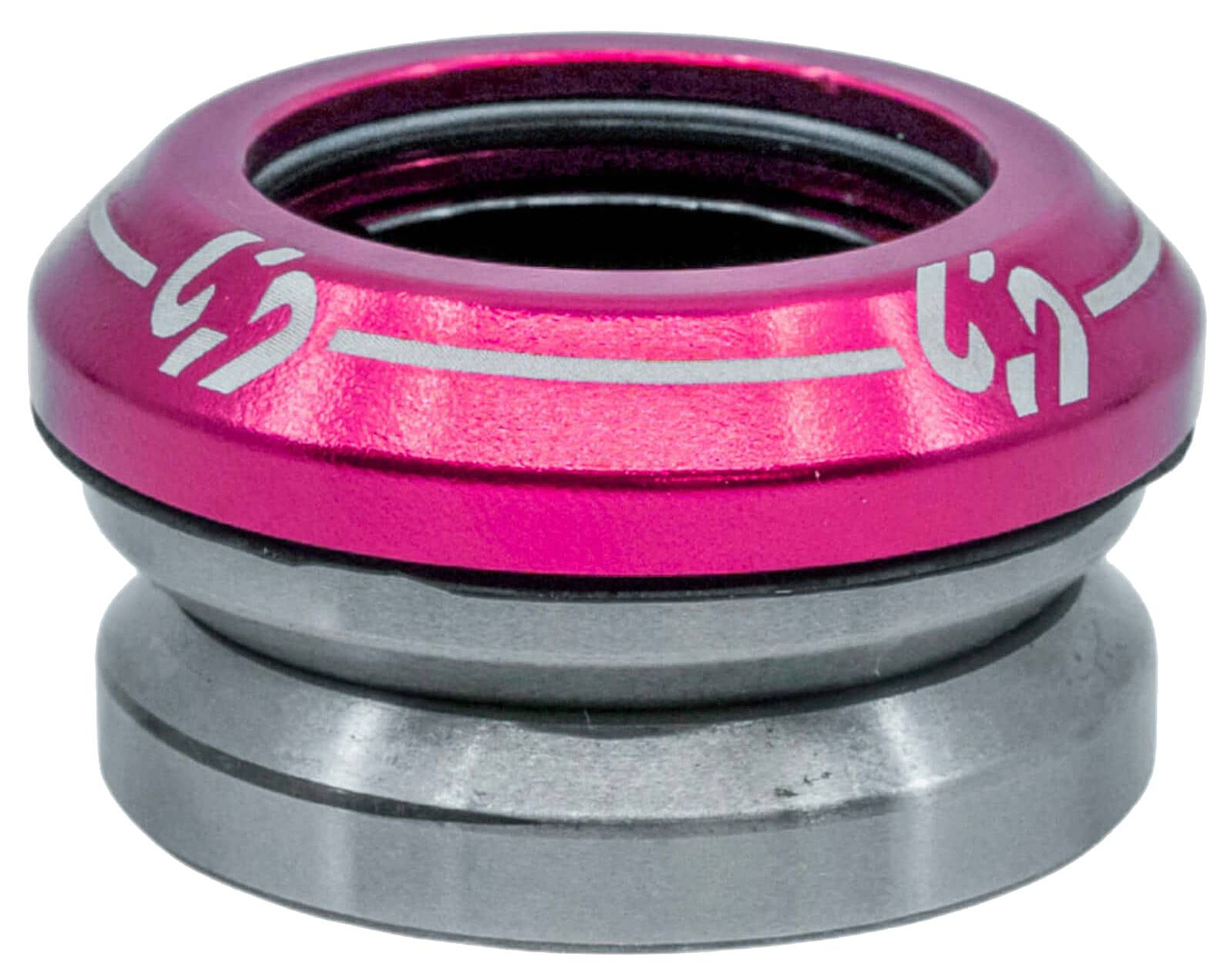 The CORE Icon Integrated Stunt Scooter Headset - Pink by CORE features a striking pink and silver design with white markings, displayed against a white background. Ideal for use as an integrated scooter headset or stunt scooter headset, it offers both standout style and dependable performance.
