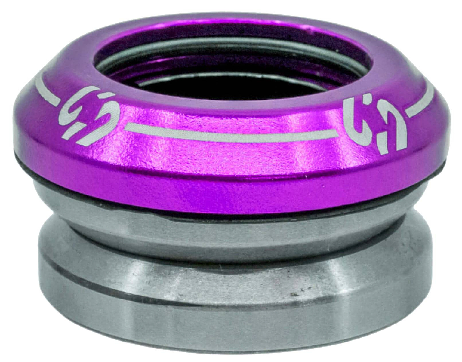 The CORE Icon Integrated Stunt Scooter Headset - Purple by CORE features a metallic integrated design with a shiny purple top and silver base, accented by white lines and symbols on the upper part. Engineered for durability, this headset comes equipped with sealed bearings for smooth performance, making it an ideal upgrade for custom bikes or stunt scooters.