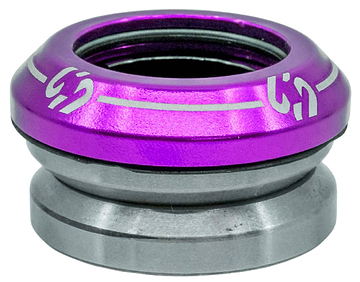 The CORE Icon Integrated Stunt Scooter Headset - Purple by CORE features a metallic integrated design with a shiny purple top and silver base, accented by white lines and symbols on the upper part. Engineered for durability, this headset comes equipped with sealed bearings for smooth performance, making it an ideal upgrade for custom bikes or stunt scooters.