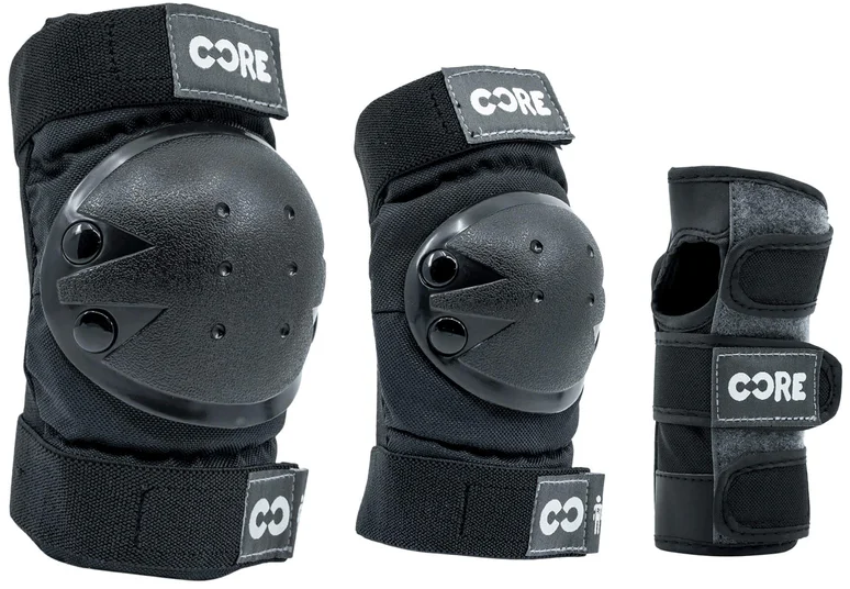 The CORE Junior Triple Skate Protection Pad Set in Black/Grey includes two padded knee/elbow pads and a wrist guard with CORE branding, providing essential safety for young riders or skaters.