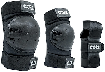 The CORE Junior Triple Skate Protection Pad Set in Black/Grey includes two padded knee/elbow pads and a wrist guard with CORE branding, providing essential safety for young riders or skaters.