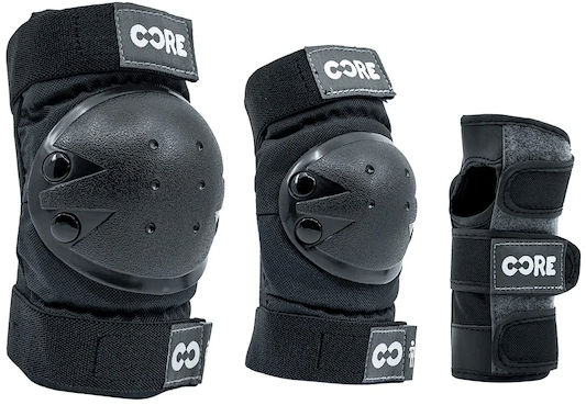 The CORE Junior Triple Skate Protection Pad Set in Black/Grey includes two padded knee/elbow pads and a wrist guard with CORE branding, providing essential safety for young riders or skaters.