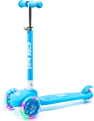 The CORE Foldy 3 Wheel Kids Scooter - Blue by CORE features a vibrant blue design with “CORE KIDS” printed on the handlebar stem. This kids’ scooter offers three LED-lit wheels, a rear foot brake, and an adjustable handlebar to accommodate growing riders.