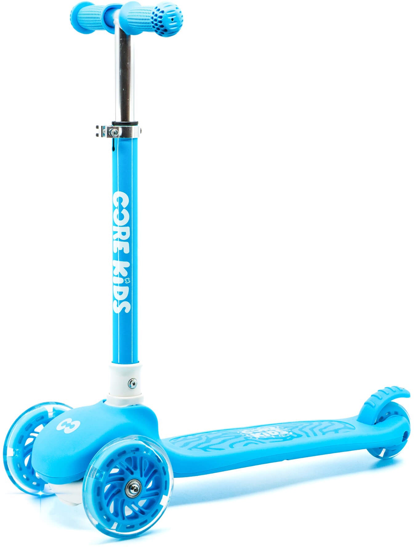 The CORE Foldy 3 Wheel Kids Scooter in blue features an adjustable handlebar and footboard, both showcasing the CORE brand, and is thoughtfully designed for young children.
