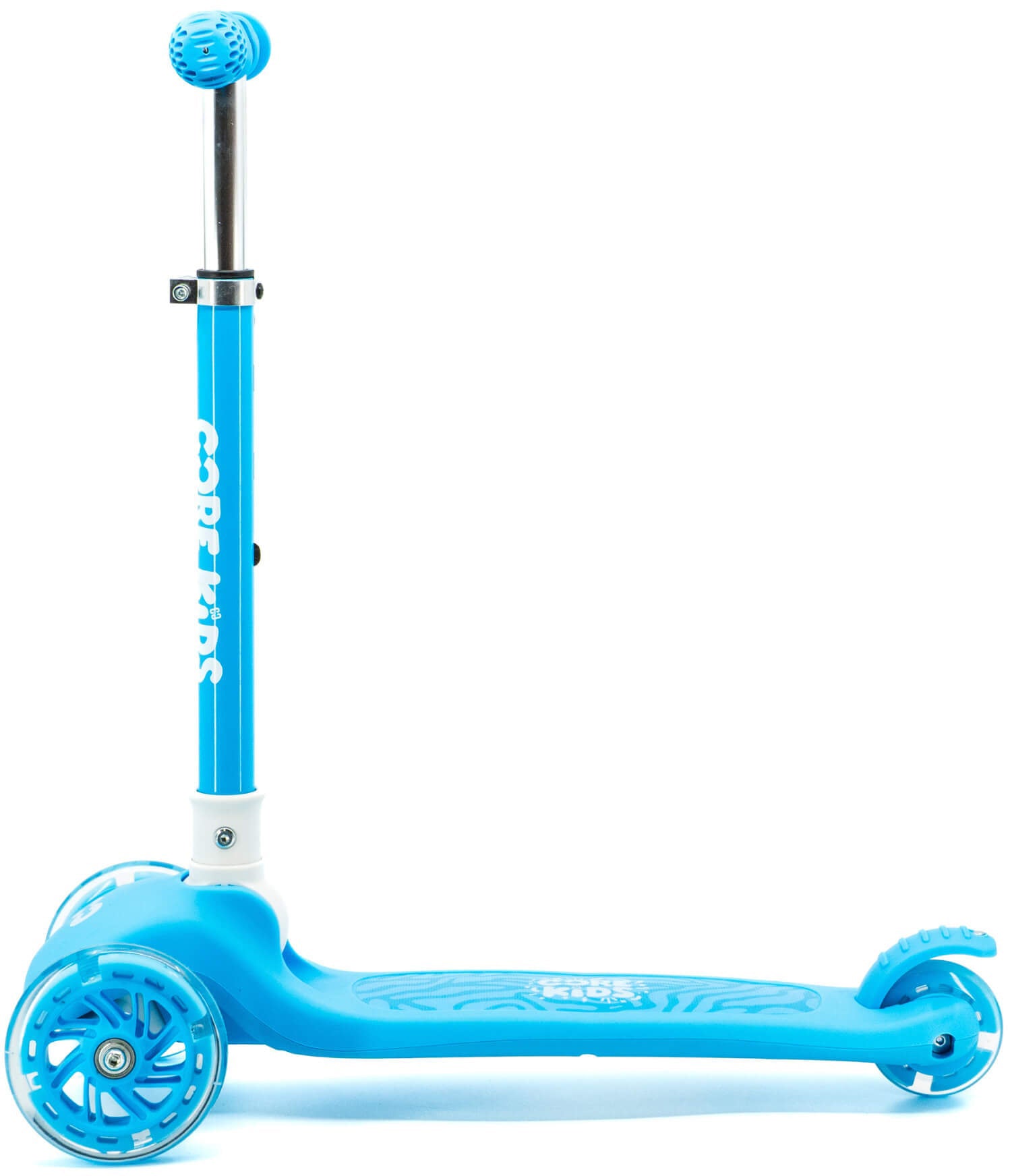 The CORE Foldy 3 Wheel Kids Scooter - Blue by CORE is shown against a white background, featuring two large front wheels, a single rear wheel, and an adjustable handlebar.