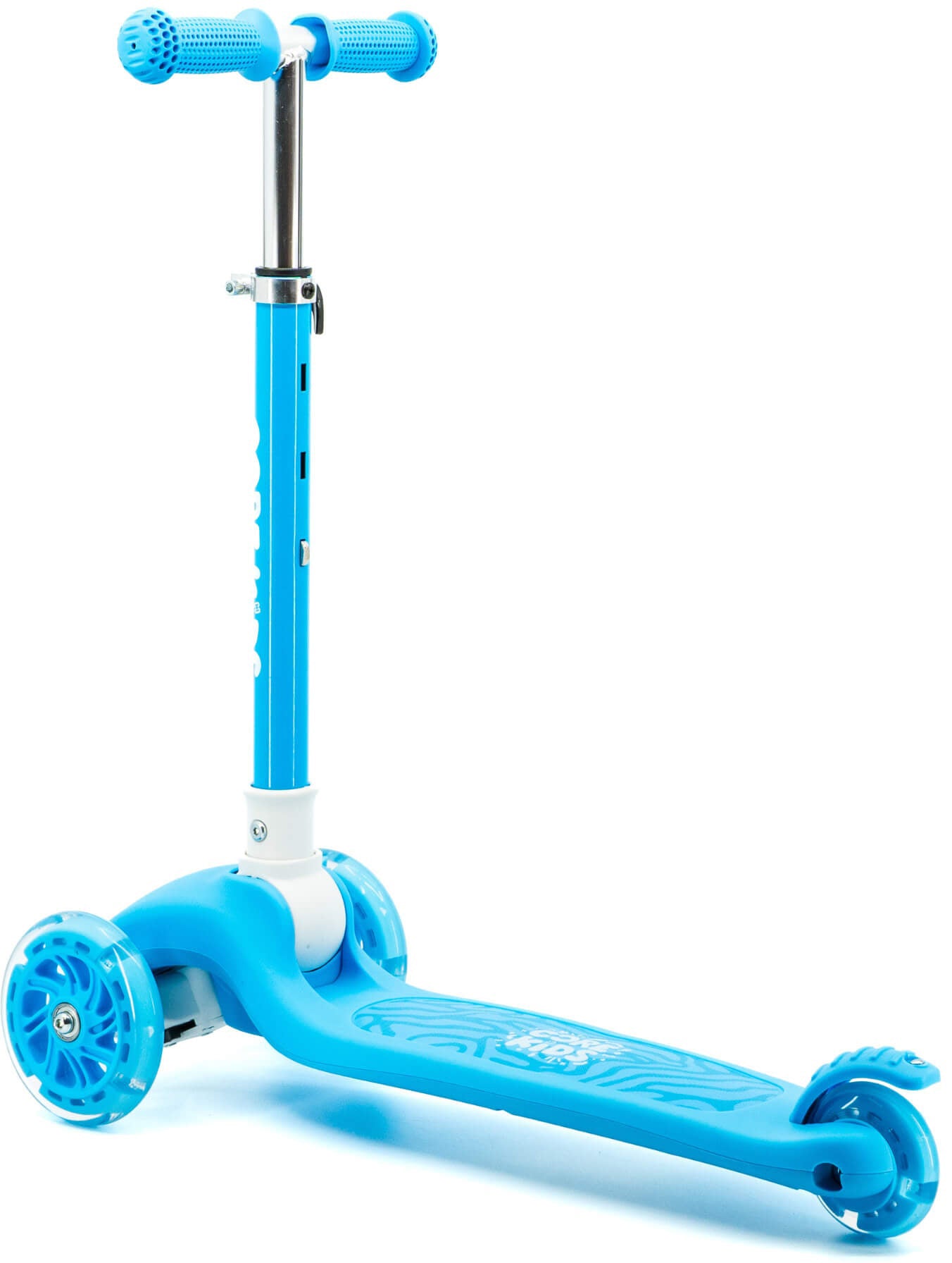 The CORE Foldy 3 Wheel Kids Scooter - Blue by CORE features two large front wheels, a small rear wheel, and an adjustable handlebar, making it the ideal kids scooter for fun and stability.