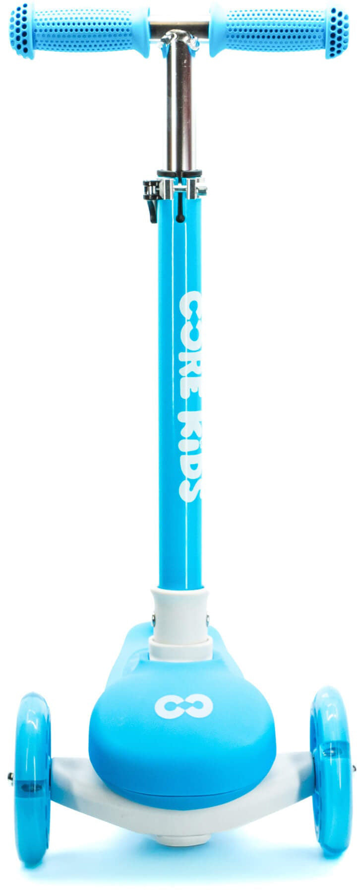 A blue three-wheeled kids’ scooter, the CORE Foldy 3 Wheel Kids Scooter by CORE, featuring an adjustable handlebar and rubber handles, with “CORE” written vertically on the stem.