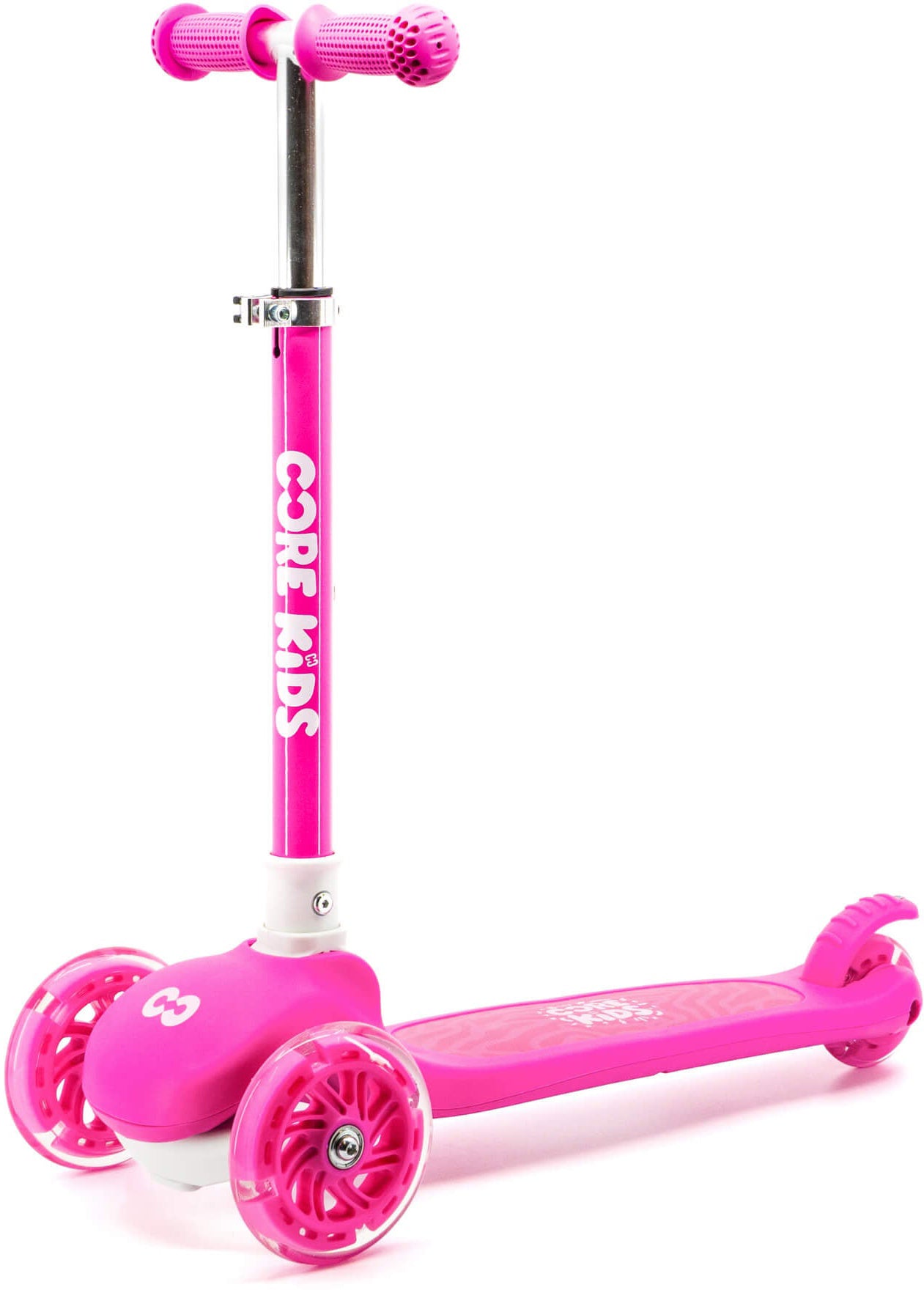 Introducing the CORE Foldy 3 Wheel Kids Scooter - Pink by CORE, featuring “CORE KIDS” on the handlebar stem. This vibrant scooter includes pink handles, a matching pink deck and brake, and dazzling LED light-up wheels. The lean-to-steer design ensures a fun and coordinated riding experience for kids.