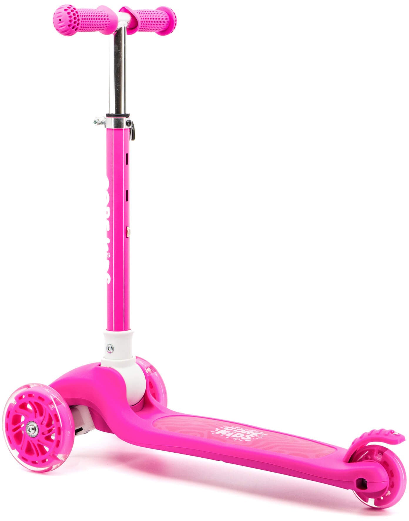 Introducing the CORE Foldy 3 Wheel Kids Scooter - Pink by CORE, featuring two large front wheels, a small rear wheel, and adjustable handlebars. This bright pink lean-to-steer scooter offers stable and intuitive control, making it ideal for children and perfect for young riders.