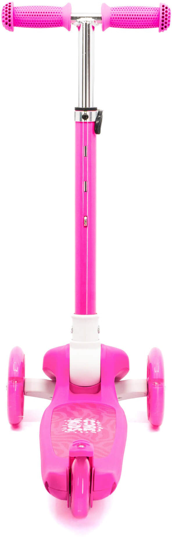 Front view of the CORE Foldy 3 Wheel Kids Scooter in pink, featuring pink handlebars and wheels on a white background; this scooter by CORE is designed as a lean-to-steer model for easy maneuvering.