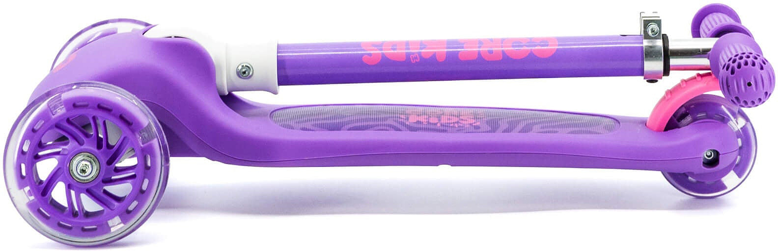 The CORE Foldy 3 Wheel Kids Scooter - Purple by CORE is displayed in a folded position, featuring three transparent wheels and a pink accent on the folding mechanism. Its stable 3-wheel design and easy lean-to-steer steering system make it ideal for young riders.