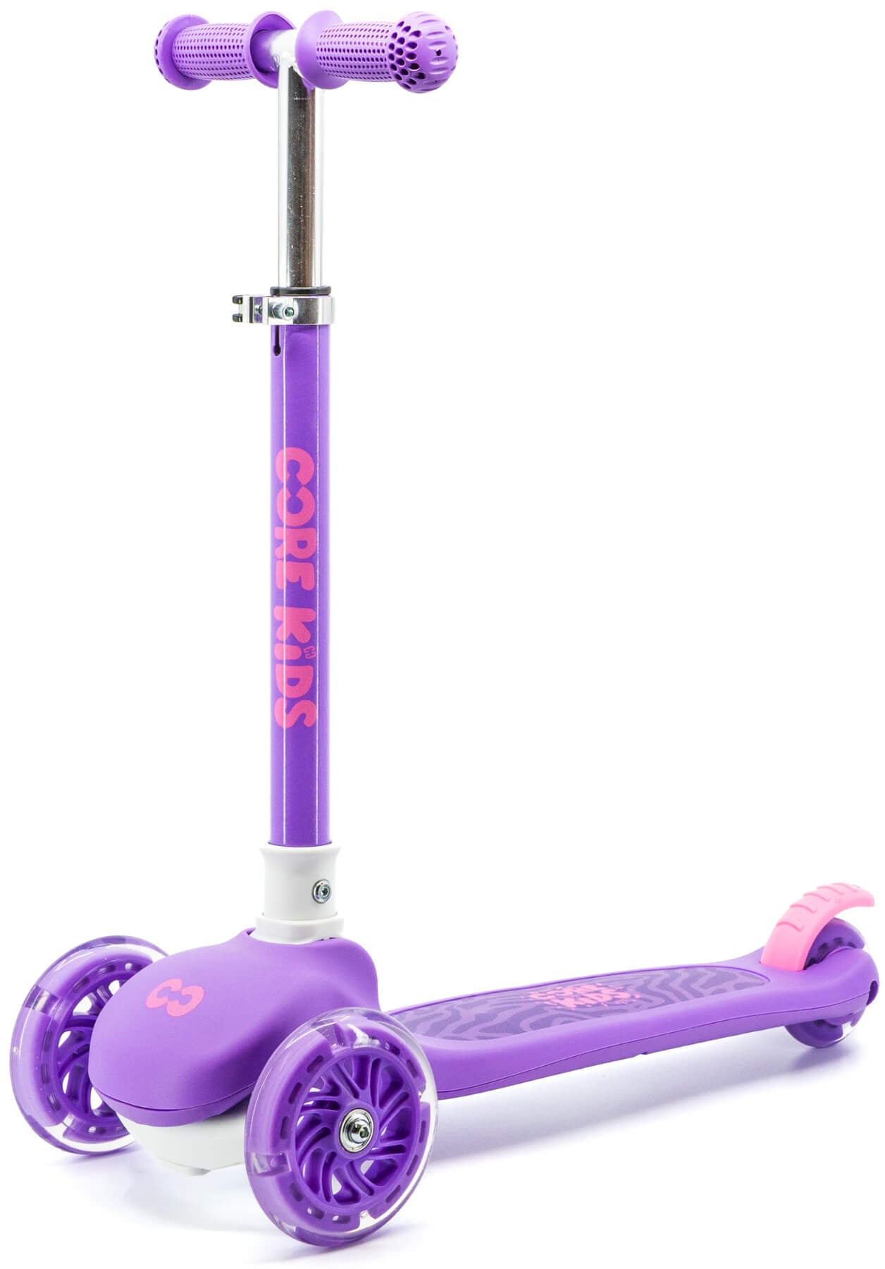 The CORE Foldy 3 Wheel Kids Scooter - Purple by CORE features “CORE KIDS” on the upright handlebar stem, pink accents, and a foot brake over the rear wheel. Its lean-to-steer design helps young riders balance and turn safely.