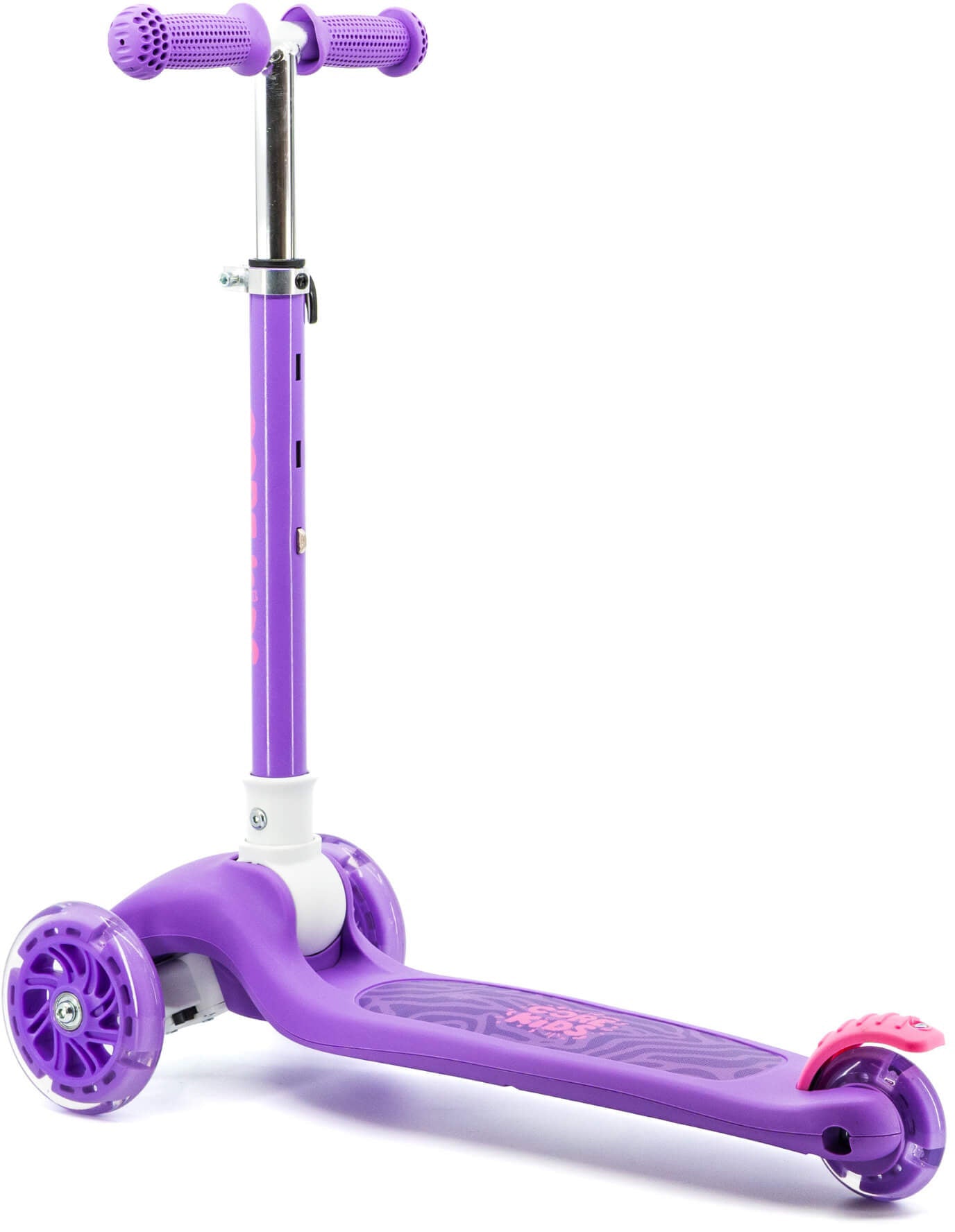 The CORE Foldy 3 Wheel Kids Scooter - Purple by CORE features a pink rear brake, a wide footboard, and adjustable handlebars—making this lean-to-steer scooter an ideal choice for kids who want stability and style with every ride.