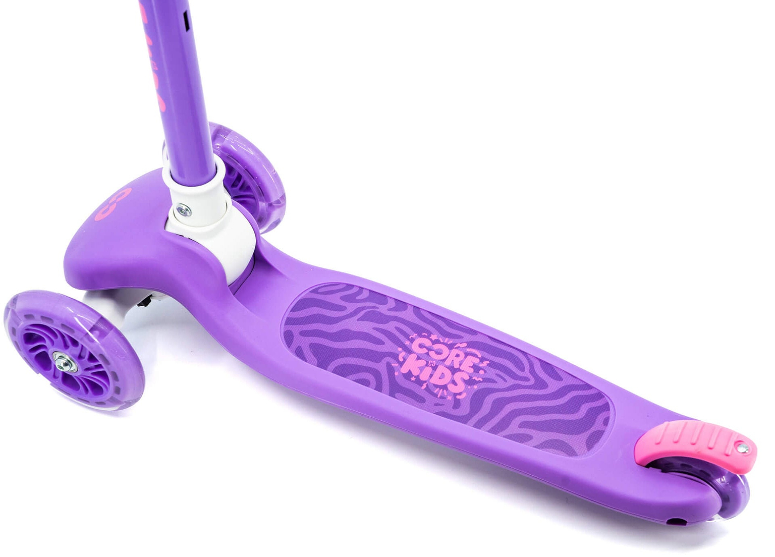 The CORE Foldy 3 Wheel Kids Scooter - Purple by CORE features a zebra-patterned footboard labeled “CORE KIDS,” two purple front wheels, and one rear wheel with a pink brake above it. This lean-to-steer scooter is designed for kids, offering easy balance and fun rides.