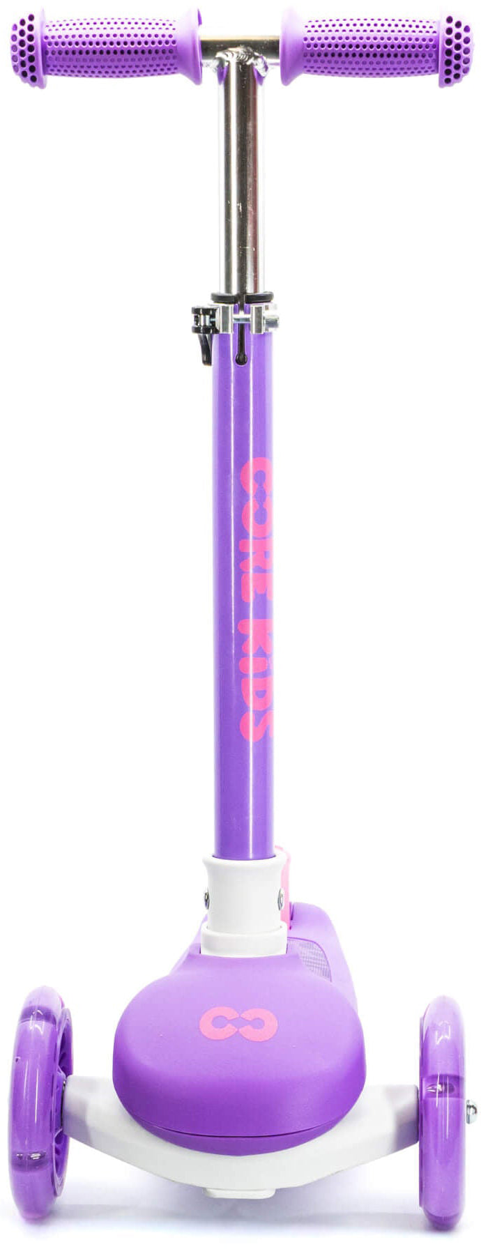 The CORE Foldy 3 Wheel Kids Scooter – Purple features a vibrant purple design with three wheels, soft-grip handles, and pink “COOL KIDS” text on the stem. A number eight decorates the deck. Displayed from the front, this lean-to-steer children’s scooter offers both stability and style. Brand: CORE.