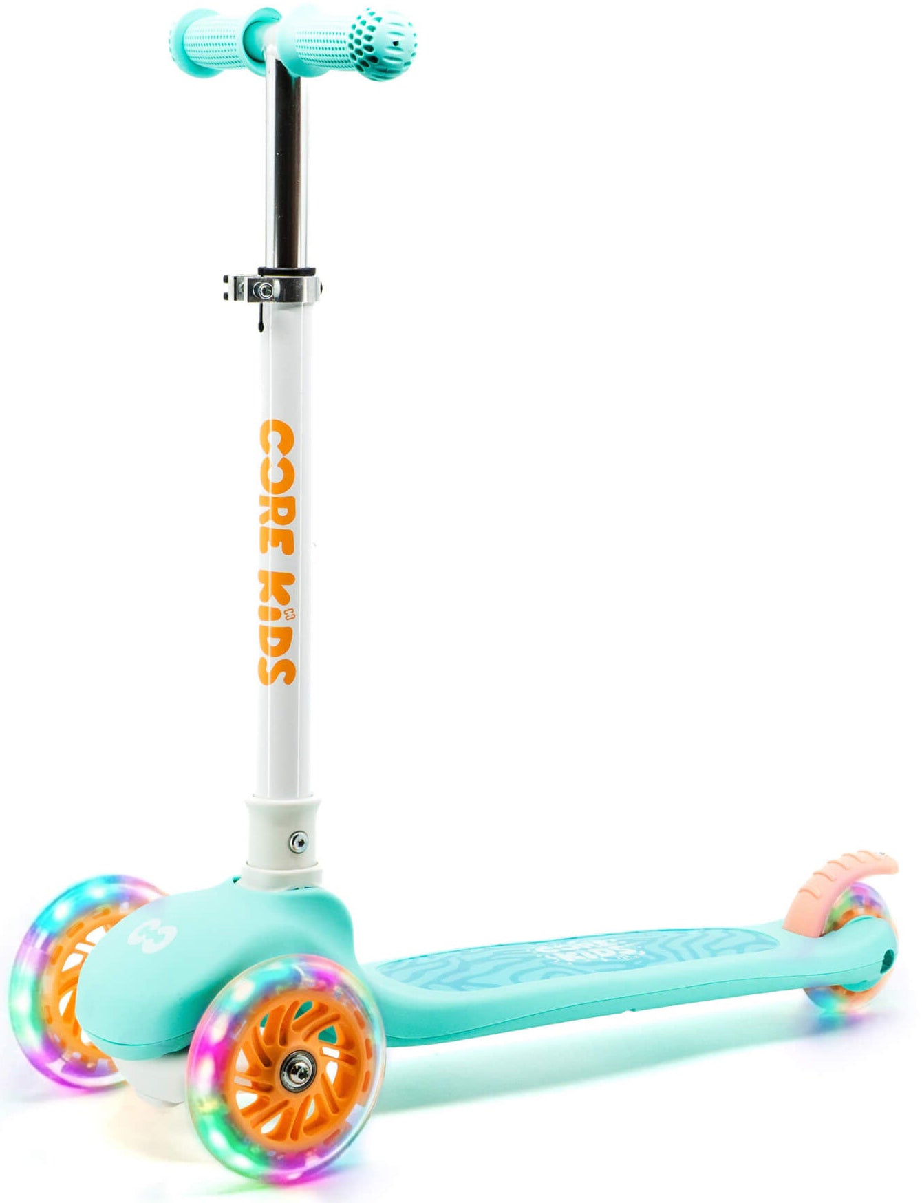Introducing the CORE Foldy 3 Wheel Kids Scooter in Teal / Peach by CORE. This scooter features a teal design with peach-colored wheel hubs, a white stem labeled “CORE KIDS,” and eye-catching multicolored LED lights in the wheels. The lean-to-steer mechanism is complemented by a rear brake, textured foot deck, and an adjustable handlebar—perfect for growing riders.