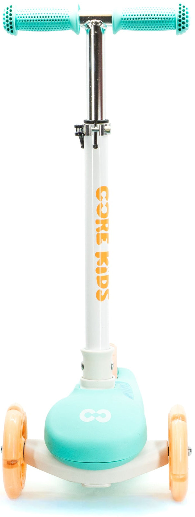 A teal and white three-wheeled kids’ scooter with orange wheels and the words “COBIKIDS” printed on the vertical handlebar tube, this lean-to-steer scooter offers both stability and fun for young riders.