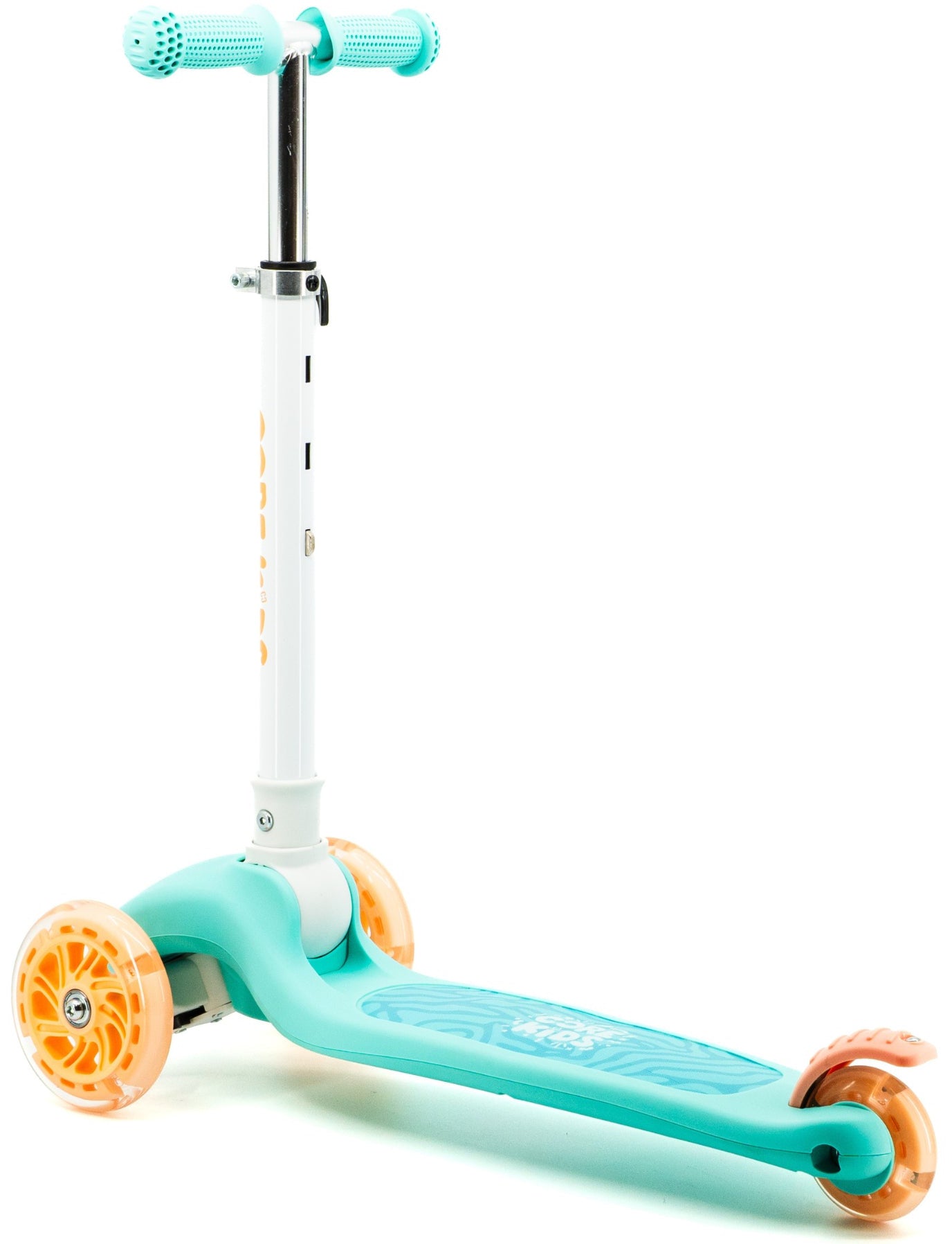 The CORE Foldy 3 Wheel Kids Scooter in Teal and Peach features a lean-to-steer design with three wheels, vibrant peach accents, and a textured footboard. This child’s scooter by CORE is shown against a white background and includes an adjustable handlebar to accommodate growing riders.