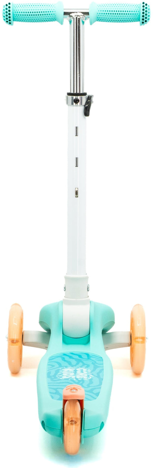 The CORE Foldy 3 Wheel Kids Scooter in Teal and Peach, featuring an adjustable handlebar, is displayed front-facing on a white background.