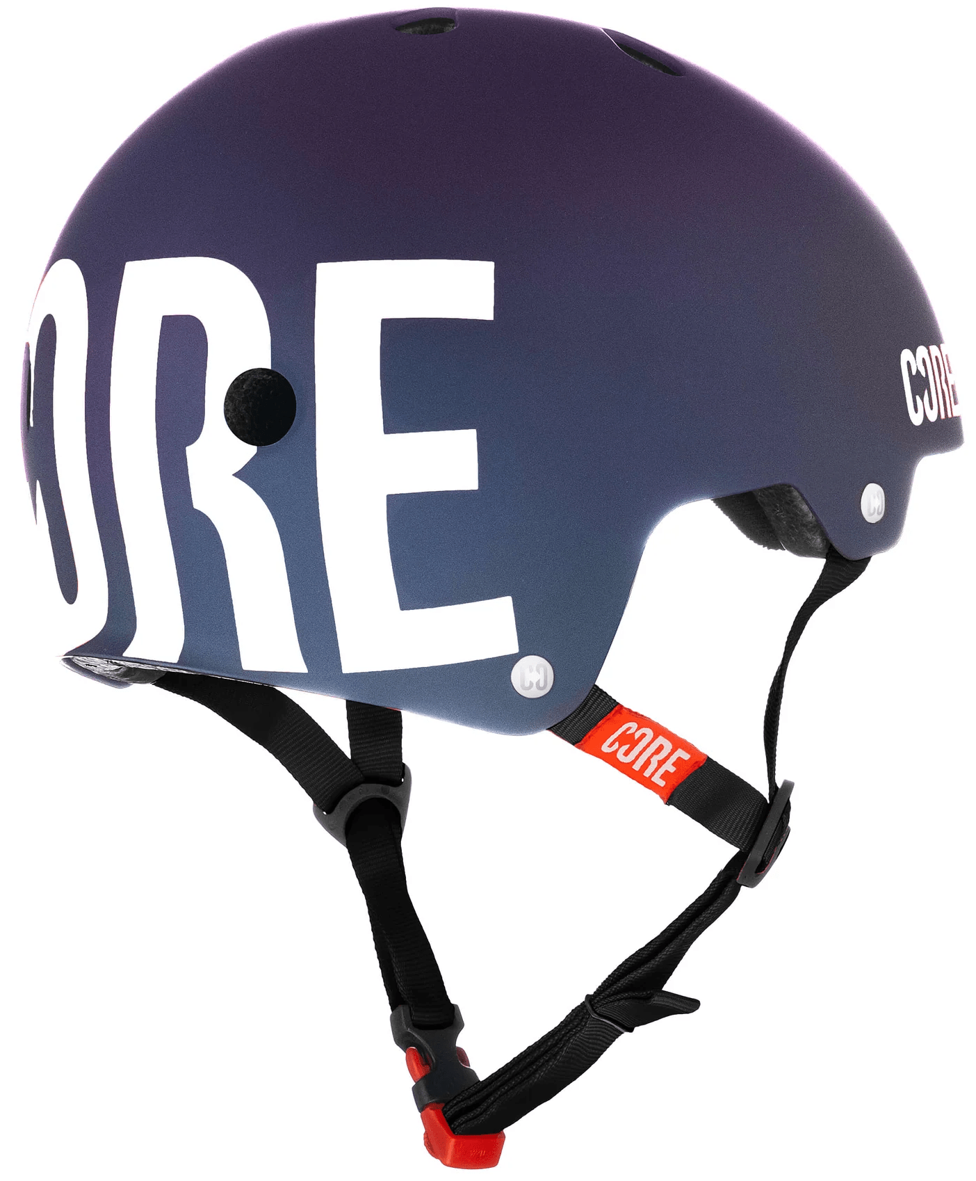 The CORE Street Skate / Scooter Helmet - Neo / White features a matte blue and purple gradient, bold white "CORE" branding, black adjustable straps, and a red CORE tag near the chin buckle—ideal for riders who trust CORE helmets on the street.