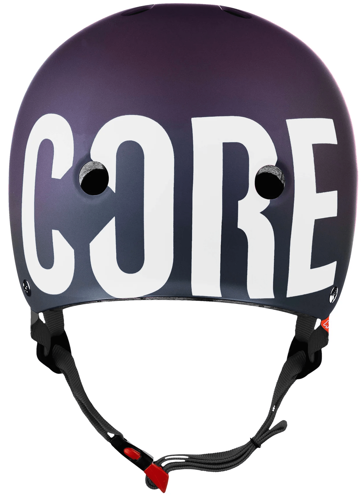The CORE Street Skate / Scooter Helmet - Neo / White features a sleek design with large white "CORE" lettering, ventilation holes, and an adjustable black chin strap with a red buckle—ideal for riders seeking trusted street style and protection.