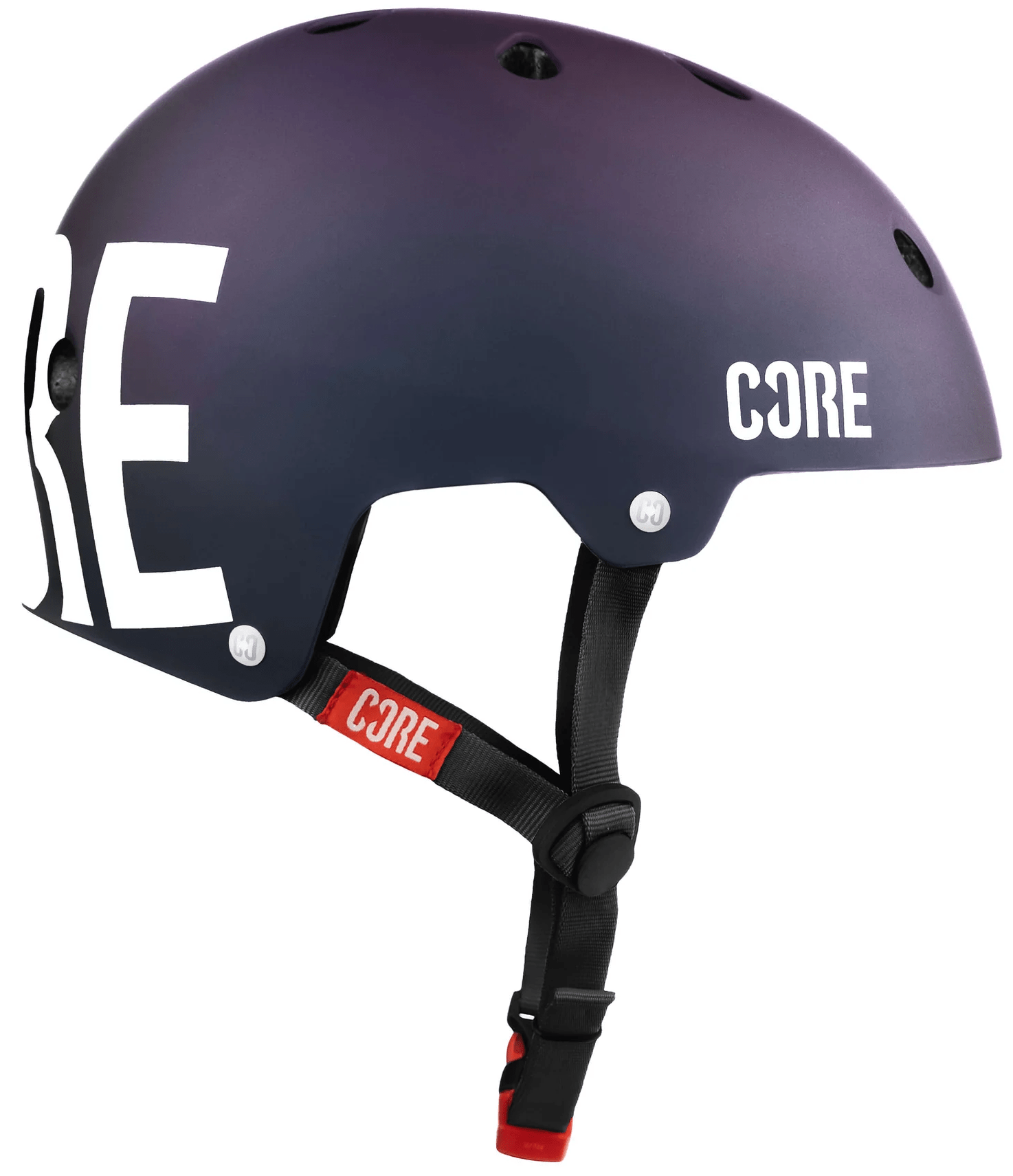 A white CORE Street Skate / Scooter Helmet - Neo with ventilation holes, a black adjustable strap, and a red buckle. The large black "CORE" logo on the side stands out, making it easily recognizable as a CORE helmet.
