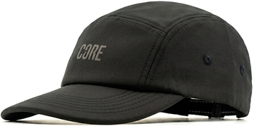 The CORE Performance Cap - Black / Reflective by CORE is made from breathable fabric, featuring “CORE” printed in light gray and finished with subtle reflective detailing on the front.