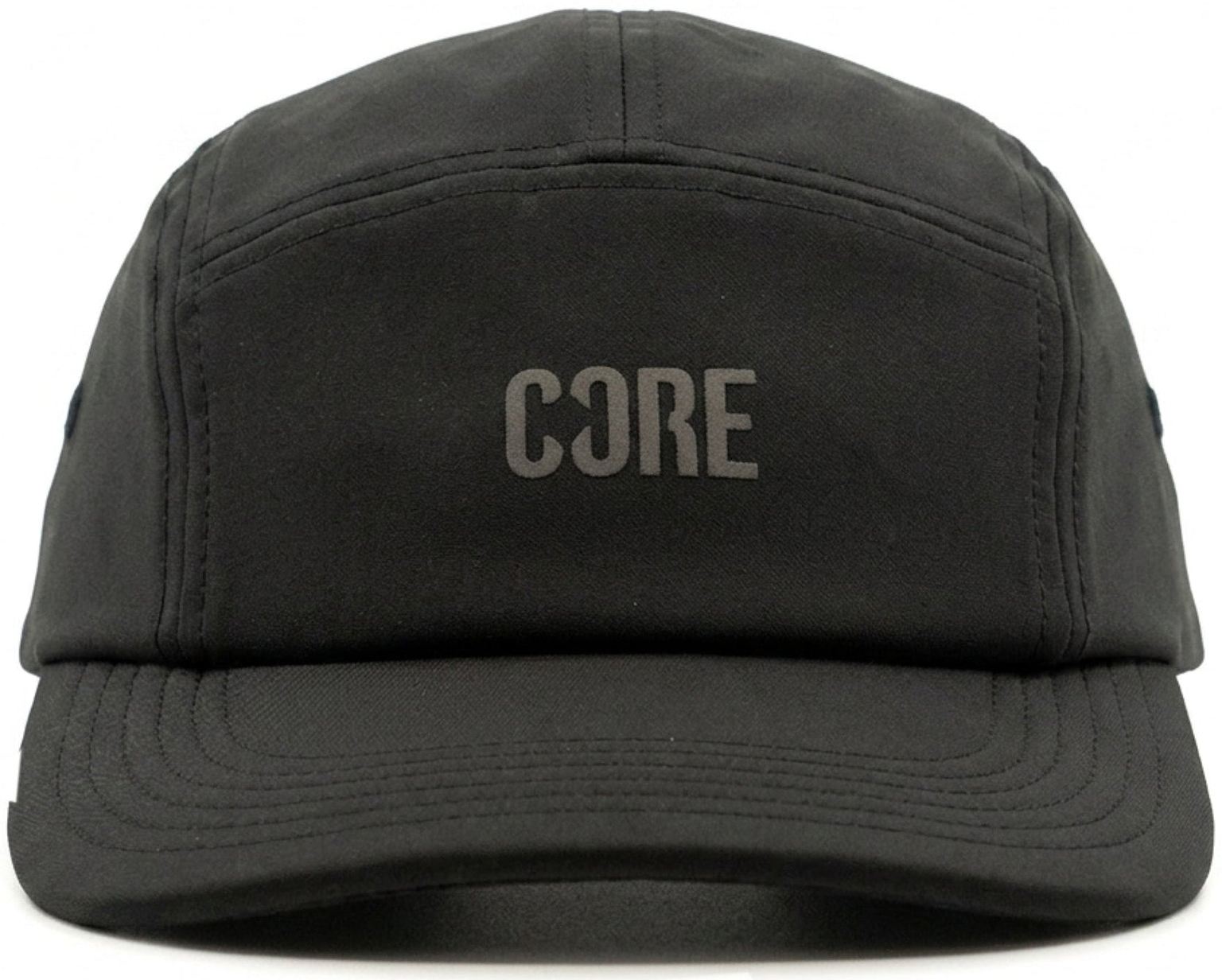 Introducing the CORE Performance Cap - Black / Reflective by CORE: This black cap features “CORE” on the front panel in gray reflective print, with the “O” creatively styled as a backward “C.” Made from breathable fabric, it offers comfort for all-day wear.