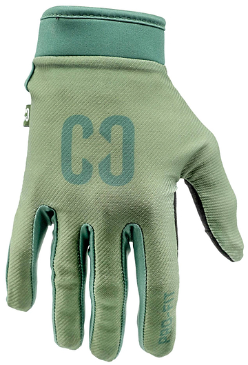 A CORE Pro-Fit Velcro Skate Protection Glove in Army Green, featuring a teal “CO” logo on the back of the hand, is shown with the palm facing away and fingers slightly bent.