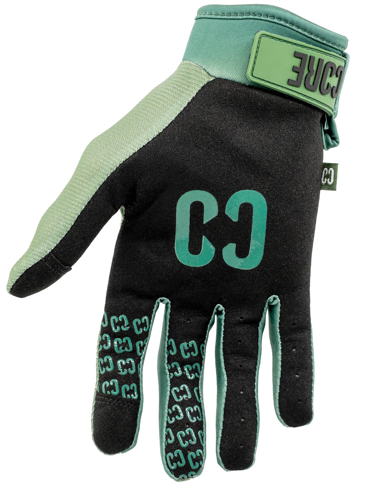Introducing the CORE Pro-Fit Velcro Skate Protection Gloves in Army Green: these black and green gloves feature “CORE” branding on the back and along the fingers, as well as a vibrant green wrist strap with a secure Velcro closure—ideal for use as scooter gloves or riding gloves.