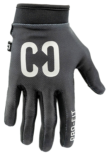 A pair of CORE Pro-Fit Velcro Skate Protection Gloves - Reflective Black by CORE, featuring white “C3” text on the back and “PRO-FIT” on one finger, designed for a snug fit and ideal for BMX riding, displayed against a white background.