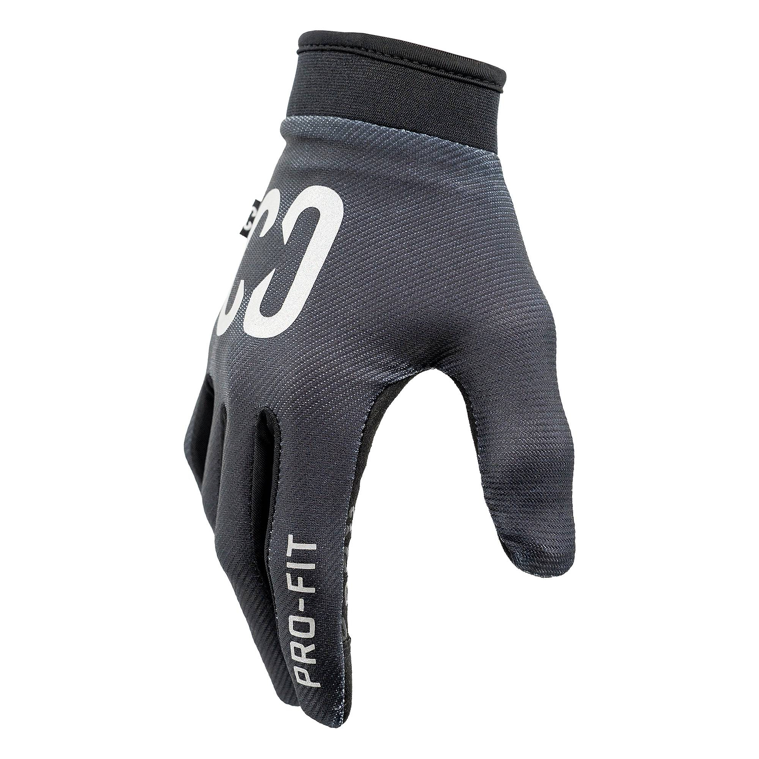 A pair of CORE Pro-Fit Velcro Skate Protection Gloves in reflective black, featuring “PRO-FIT” on the index finger and white “CO” branding on the back, shown worn on a hand against a white background—ideal as BMX or riding gloves.