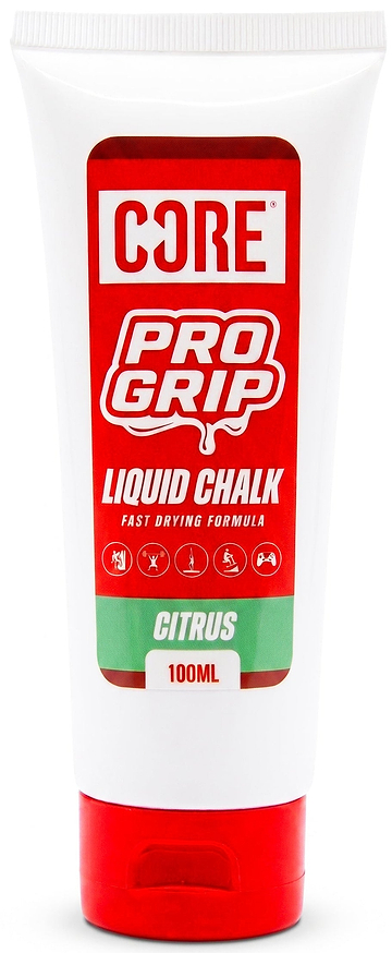 A 100ml white tube of CORE PRO Grip Liquid Chalk - Citrus by CORE, featuring a red label, citrus scent, and fast-drying formula. Perfect for lifting, climbing, and gymnastics, this liquid chalk ensures a secure hold to enhance your grip during every workout.
