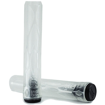 Two clear scooter grips are showcased, one standing and the other horizontal. Made by CORE from a shock-absorbing compound, they both have a textured wave-like design and are equipped with black end caps for superior impact protection—perfect for those who seek durability and high performance.