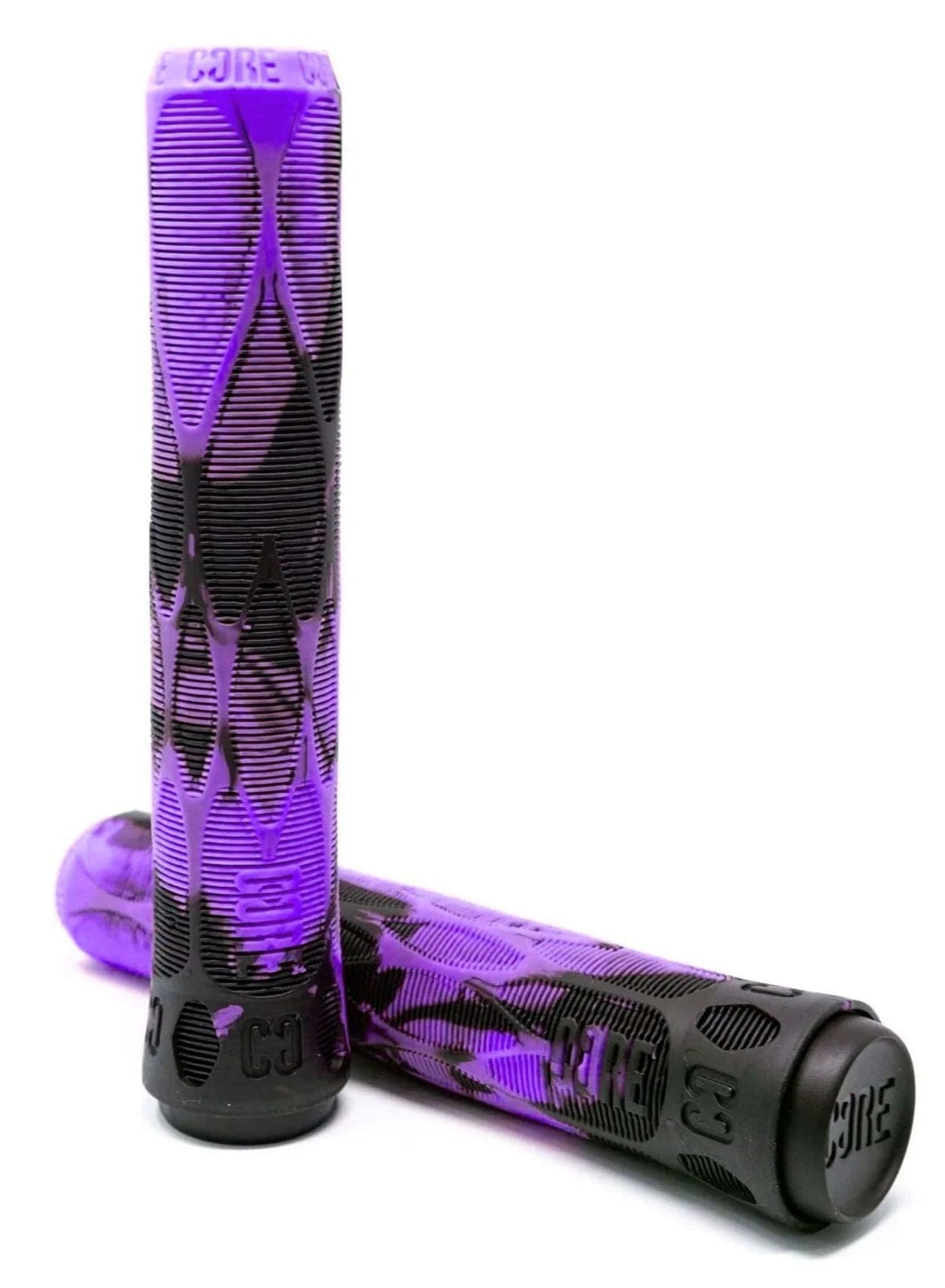 The CORE Pro Fuchsia Purple/Black Stunt Scooter Grips (170mm) feature a shock-absorbing compound with "CORE" embossed on the bar ends; one grip stands upright while the other lies horizontally.
