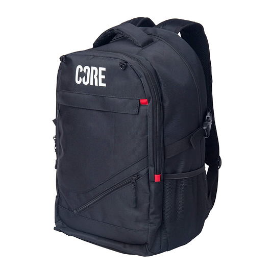 The CORE Scooter Skate Helmet Backpack - Black features multiple zippered compartments, red accent tabs, side pockets, a hidden zip pocket, and “CORE” in white on the front.