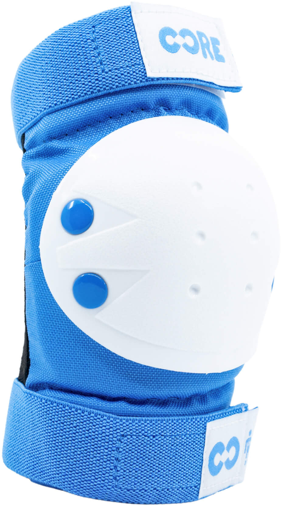 Introducing the CORE Junior Triple Skate Protection Pad Set - Blue by CORE: this blue and white junior pad set features knee pads with adjustable straps, each displaying the word "CORE" on the upper and lower bands. The white protective shell is designed with two blue rivets and raised textured dots, making it an ideal choice for skatepark safety.