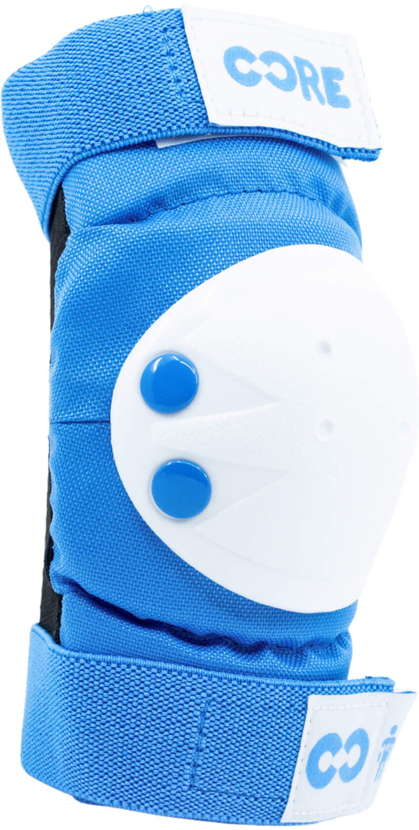 The CORE Junior Triple Skate Protection Pad Set - Blue features blue and white protective knee or elbow pads with two blue rivets on a durable white hard shell. Branded with “CORE” on the white straps, these pads offer reliable protection for young riders at the skatepark.