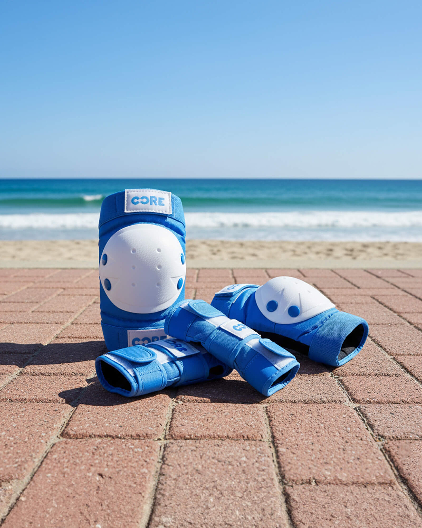 The CORE Junior Triple Skate Protection Pad Set - Blue by CORE rests on a brick walkway near the beach, with sand, waves, and a clear blue sky in the background.