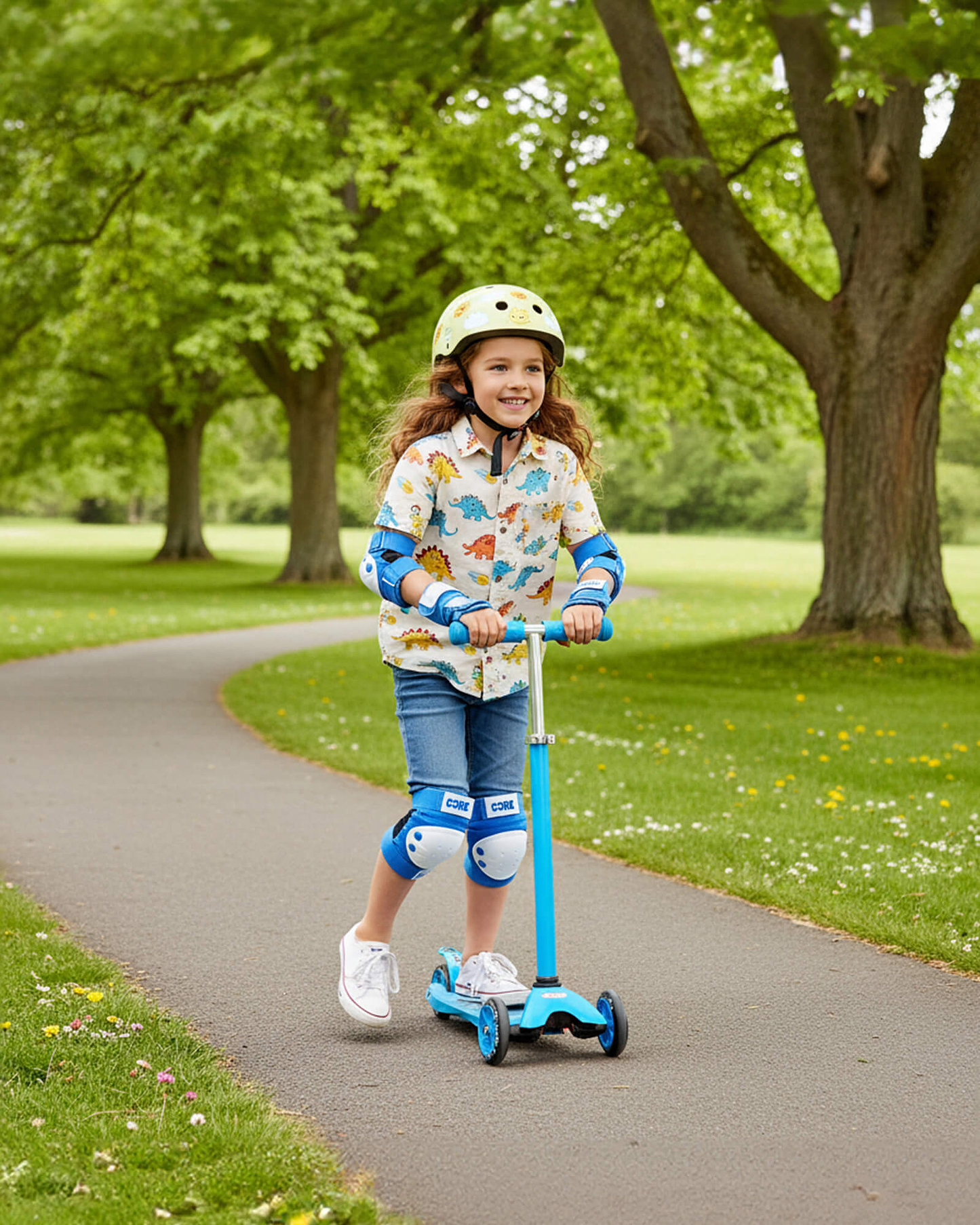 A young girl, protected by the CORE Junior Triple Skate Protection Pad Set - Blue from CORE and a helmet, smiles as she rides her blue scooter along a paved path in a lush green park with large trees and grass. She enjoys the outdoors confidently, feeling safe and comfortable in her gear as she explores like she's at her very own skatepark.