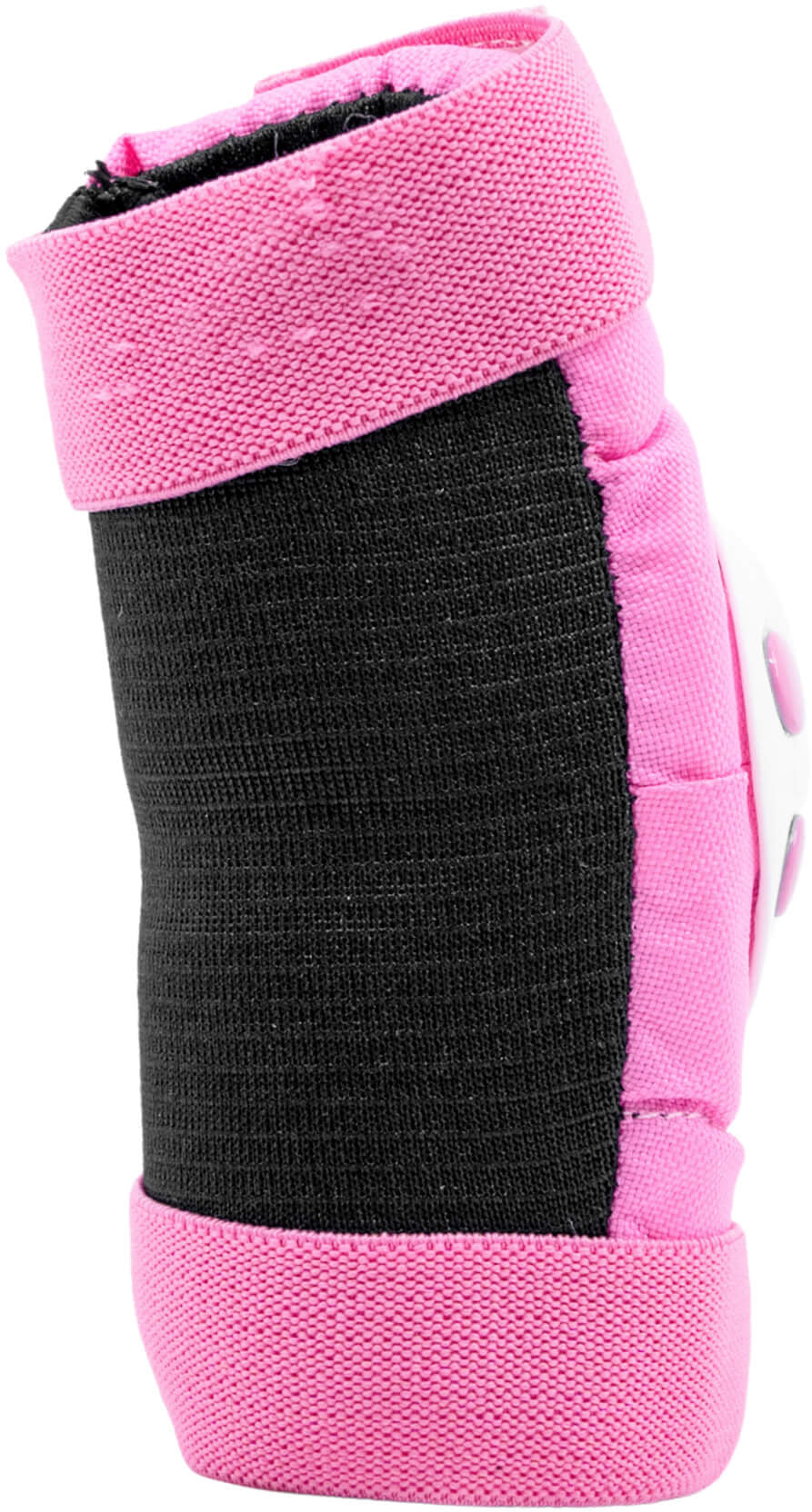 A close-up of the CORE Junior Triple Skate Protection Pad Set in Pink by CORE, featuring a pink and black wrist guard with a white plastic protective plate, designed for skateboarding or rollerblading safety.