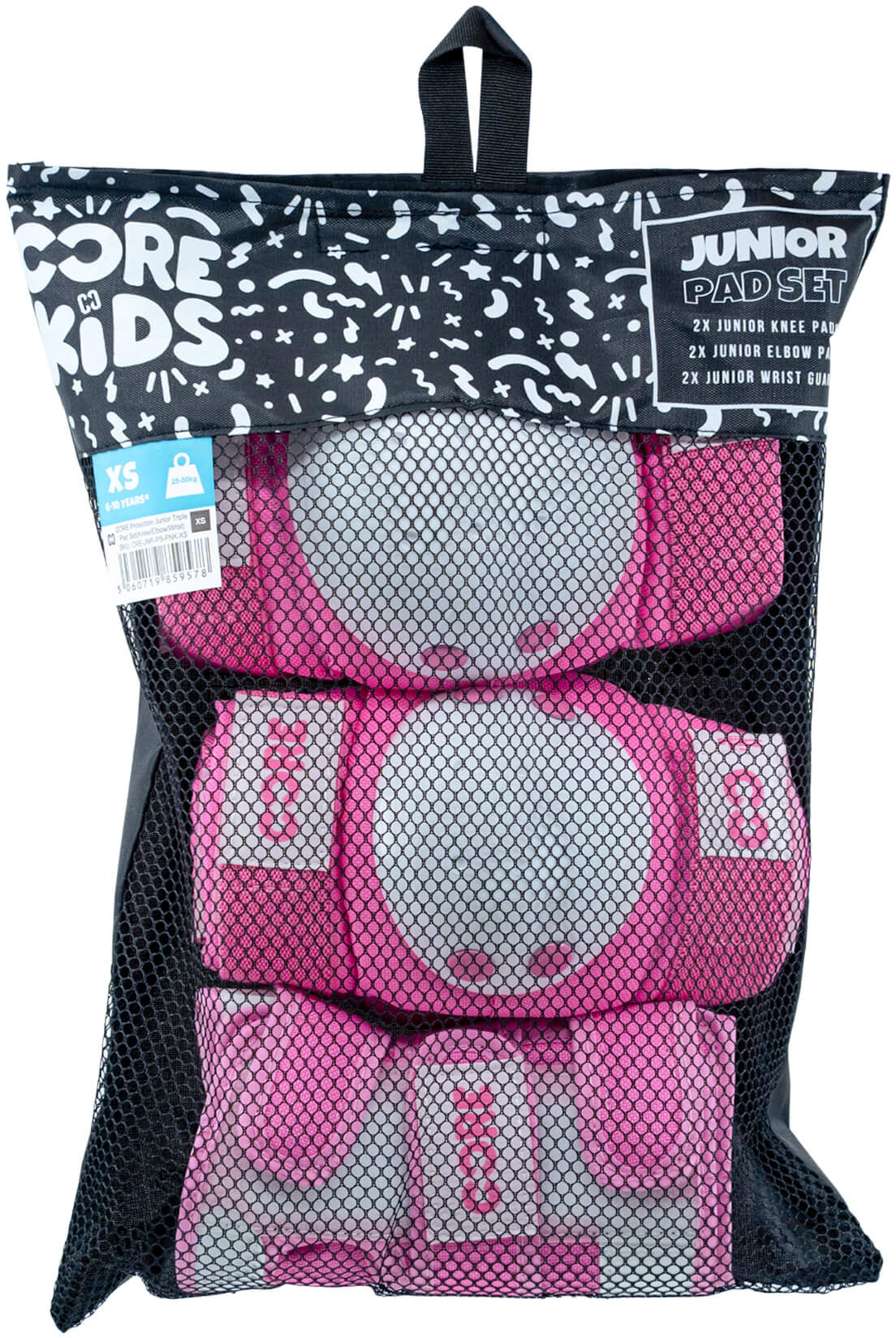 A black mesh bag containing the CORE Junior Triple Skate Protection Pad Set in pink, featuring knee pads, elbow pads, and wrist guards for kids. This protective gear set by CORE in size XS is ideal for young riders at the skatepark.