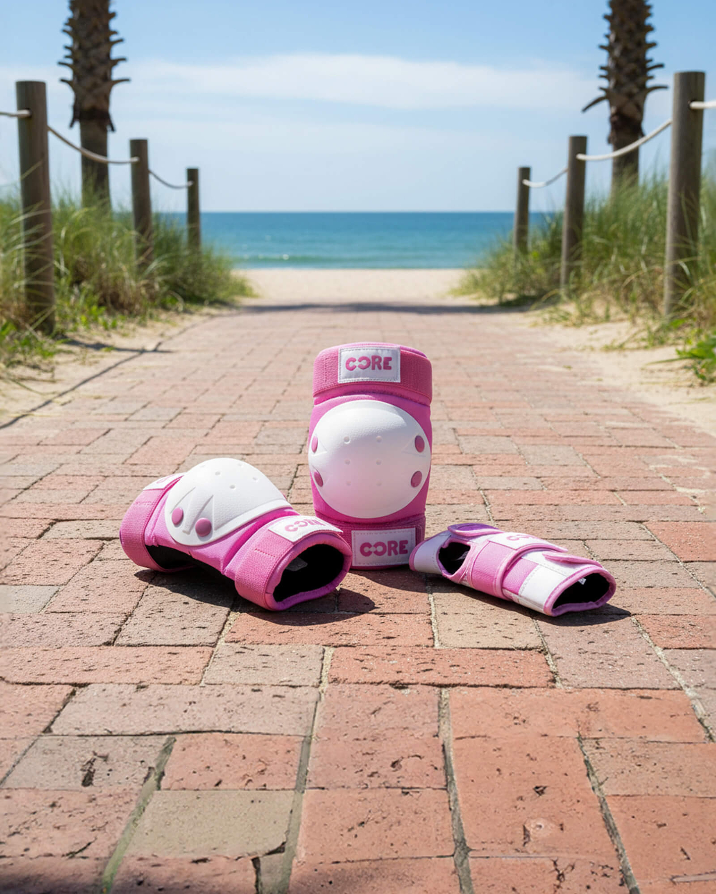 Three pieces from the CORE Junior Triple Skate Protection Pad Set - Pink by CORE are arranged on a brick path leading to a beach, with sand, grass, and palm trees beneath a bright blue sky in the background—ideal for young adventurers transitioning from the skatepark to the shore.