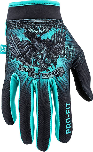 The CORE Aero Skate Protection Gloves - Mike Hullock Signature by CORE feature a black and teal design, “PRO-FIT” on the finger, eagle graphic, and “NEVER STAND ALONE”—ideal skate protection.